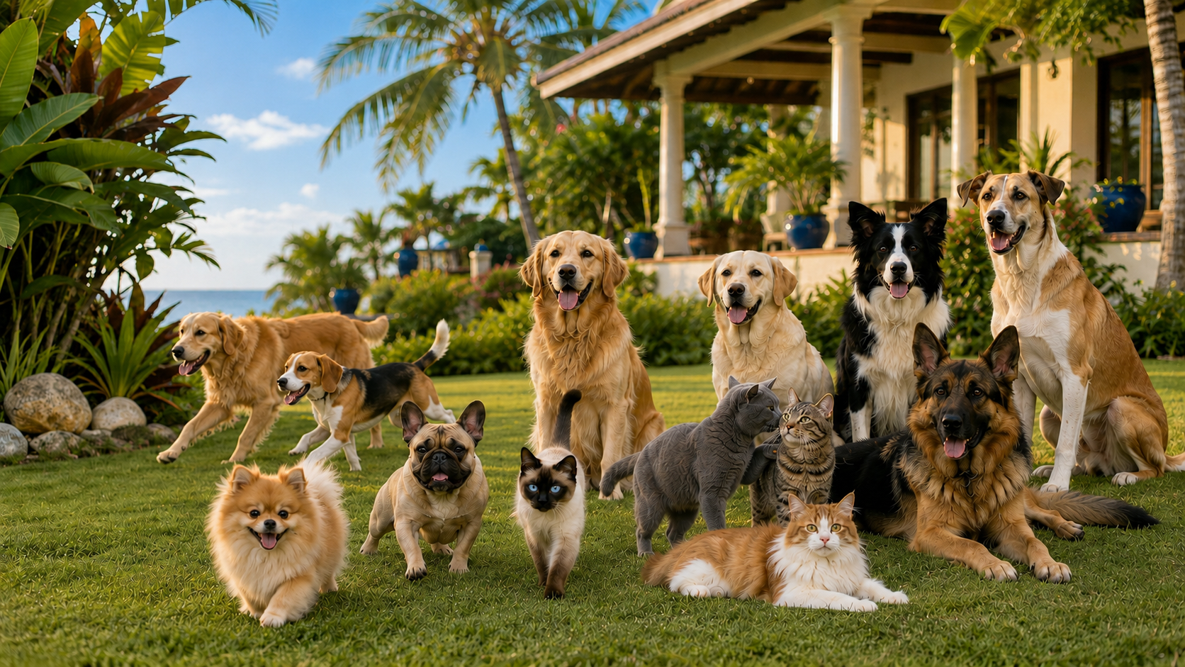Different dogs and cats enjoying the tropical Doggy & Cat Paradise resort